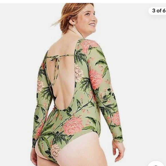 Long Sleeve Peony Floral Green and Pink One Piece Plunge back Swimsuit. - Picture 2 of 4